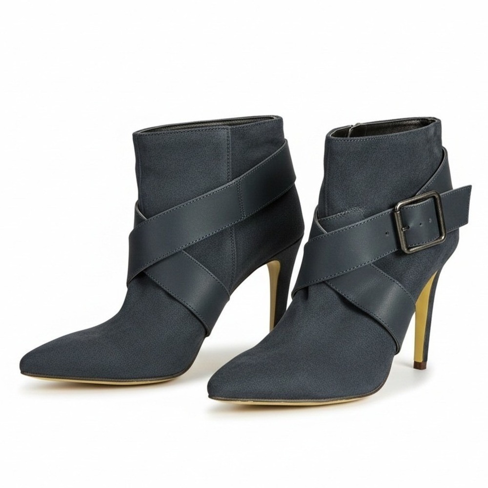 Michael Antonio Dark Blue Faux Suede Pointed Toe Buckle Stiletto Ankle Boots 9